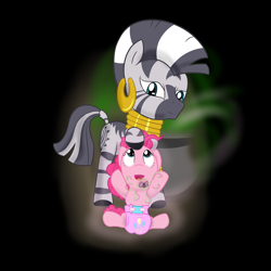 Size: 3000x3000 | Tagged: safe, artist:ricktin, imported from derpibooru, pinkie pie, zecora, pony, zebra, age regression, baby, baby pie, baby pony, cauldron, cutie mark diapers, diaper, duo, ear piercing, earring, female, foal, jewelry, magic, pacifier, piercing