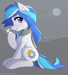 Size: 1973x2160 | Tagged: safe, artist:fensu-san, imported from derpibooru, oc, oc only, oc:lumi, earth pony, pony, clothes, female, grin, mare, scarf, sitting, smiling, snow, snowfall, solo, steam