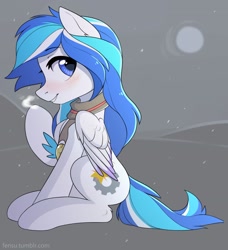 Size: 1973x2160 | Tagged: safe, artist:fensu-san, imported from derpibooru, oc, oc only, oc:lumi, pegasus, pony, clothes, female, grin, mare, scarf, sitting, smiling, snow, snowfall, solo, steam