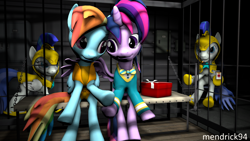 Size: 3840x2160 | Tagged: safe, artist:mendrick94, imported from derpibooru, rainbow dash, twilight sparkle, alicorn, pony, 3d, alternate hairstyle, cigarette, clothes, female, hearts and hooves day, lesbian, ponytones outfit, present, prison, prison outfit, prisoner rd, punklight sparkle, royal guard, royal guard armor, shipping, source filmmaker, twidash, twilight sparkle (alicorn)