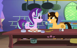 Size: 2717x1699 | Tagged: safe, artist:luismipro465, imported from derpibooru, starlight glimmer, oc, oc:brandon, branglimmer, canon x oc, kitchen, shipping, table, teacakes