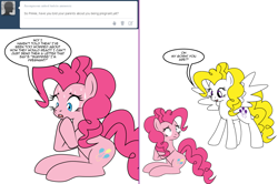 Size: 1204x800 | Tagged: safe, artist:dekomaru, imported from derpibooru, pinkie pie, surprise, pony, tumblr:ask twixie, ask, comic, sitting, sweat, tumblr