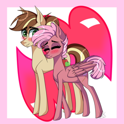 Size: 1024x1024 | Tagged: safe, artist:misskitkat2002, imported from derpibooru, oc, oc only, oc:apple patch, oc:orchard branch, pegasus, pony, blushing, female, male, mare, oc x oc, shipping, stallion, straight