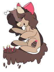 Size: 1024x1365 | Tagged: safe, artist:chococakebabe, imported from derpibooru, oc, oc only, oc:choco cake delight, earth pony, pony, augmented tail, bow, female, hair bow, mare, simple background, solo, transparent background