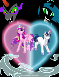 Size: 720x937 | Tagged: safe, artist:texasuberalles, imported from derpibooru, king sombra, princess cadance, princess flurry heart, queen chrysalis, shining armor, alicorn, changeling, changeling queen, pony, umbrum, unicorn, windigo, black background, cloven hooves, colored hooves, female, filly, glowing eyes, glowing horn, heart, male, mare, simple background, stallion, tongue out, unshorn fetlocks