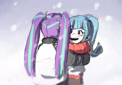 Size: 2000x1400 | Tagged: safe, artist:amazingpuffhair, imported from derpibooru, aria blaze, sonata dusk, equestria girls, blushing, clothes, cute, duo, female, hug, jacket, pigtails, ponytail, snow, snowfall, traditional art, twintails