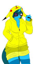 Size: 1555x2450 | Tagged: safe, artist:splint, imported from derpibooru, oc, oc only, oc:doctor blue horizon, anthro, pikachu, breasts, cleavage, clothes, cute, female, glasses, hand in pocket, hoodie, pokémon, shorts, smiling, solo, stockings, tail, thigh highs