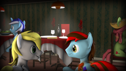 Size: 3840x2160 | Tagged: safe, artist:fiopon, imported from derpibooru, minuette, tree hugger, oc, oc:angel rose, oc:fiopon, 3d, date, date night, dinner, gay, holiday, male, oc x oc, shipping, source filmmaker, valentine, valentine's day