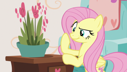 Size: 1280x720 | Tagged: safe, imported from derpibooru, screencap, fluttershy, pegasus, pony, discordant harmony, :t, bipedal, bipedal leaning, female, flower, leaning, mare, plant, raised eyebrow, smiling, smirk, solo