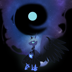 Size: 1000x1000 | Tagged: safe, artist:lunar-march, imported from derpibooru, nightmare moon, princess luna, alicorn, pony, looking up, moon, shrunken pupils, sitting, slit eyes, slit pupils, solo, spread wings, transformation, wings