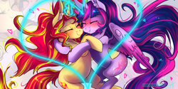 Size: 3464x1732 | Tagged: safe, artist:wilvarin-liadon, imported from derpibooru, sunset shimmer, twilight sparkle, alicorn, pony, unicorn, backbend, blushing, eyes closed, female, glowing horn, heart, horn, hug, lesbian, magic, mare, shipping, sunsetsparkle, twilight sparkle (alicorn), wings