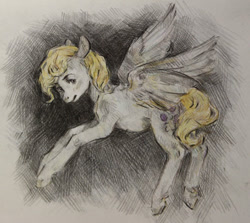 Size: 600x536 | Tagged: safe, artist:exclusionzone, imported from derpibooru, surprise, pegasus, pony, colored pencil drawing, female, g1, looking at you, looking sideways, mare, solo, spread wings, traditional art, wings