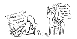 Size: 1200x604 | Tagged: safe, artist:phobicalbino, imported from derpibooru, rarity, twilight sparkle, alicorn, pony, unicorn, black and white, bottle, drunk, drunk bubbles, drunk rarity, face down ass up, female, glass, grayscale, lesbian, lineart, mare, monochrome, rarilight, shipping, simple background, speech bubble, thought bubble, twilight sparkle (alicorn), vulgar, white background, wine bottle, wine glass