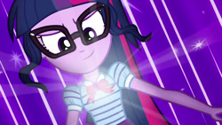 Size: 1280x720 | Tagged: safe, imported from derpibooru, screencap, sci-twi, twilight sparkle, equestria girls, equestria girls series, forgotten friendship, >:), female, geode of telekinesis, smiling, smirk, solo