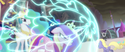 Size: 1920x804 | Tagged: safe, imported from derpibooru, screencap, princess cadance, princess celestia, princess luna, alicorn, earth pony, pony, my little pony: the movie, angry, background pony, butt, canterlot, crown, determined, force field, glowing horn, heart, jewelry, magic, magic aura, magic bubble, plot, regalia, shield, sparkles, storm guard, surprised, unnamed character, unnamed pony