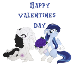 Size: 1024x1024 | Tagged: safe, artist:azure-art-wave, imported from derpibooru, oc, oc only, oc:azure, oc:rose, pegasus, pony, bouquet, female, flower, hair over one eye, holiday, lesbian, mare, oc x oc, shipping, simple background, smiling, transparent background, valentine's day