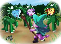 Size: 1024x735 | Tagged: safe, artist:danmakuman, imported from derpibooru, spike, starlight glimmer, sunset shimmer, trixie, dinosaur, dragon, pony, unicorn, velociraptor, boots, cape, clothes, cosplay, costume, cute, danmakuman is trying to murder us, diatrixes, dragon costume, garbuncle, glimmerbetes, hat, jurassic world, lord of the rings, magical trio, owen grady, prattkeeping, shimmerbetes, shoes, staff, weapons-grade cute, wizard, wizard hat, you shall not pass