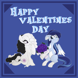 Size: 1024x1024 | Tagged: safe, artist:azure-art-wave, imported from derpibooru, oc, oc only, oc:azure, oc:rose, pegasus, pony, bouquet, colored wings, female, flower, hair over one eye, holiday, lesbian, mare, multicolored wings, oc x oc, shipping, simple background, smiling, transparent background, valentine, valentine's day, white outline