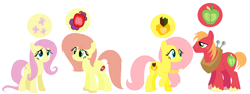 Size: 1688x634 | Tagged: safe, artist:kassie-hedgehog, imported from derpibooru, big macintosh, fluttershy, oc, oc:apple shy, oc:golden apple, earth pony, pegasus, pony, base used, family, female, fluttermac, male, mare, offspring, parent:big macintosh, parent:fluttershy, parents:fluttermac, shipping, simple background, straight, white background