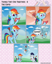 Size: 1600x1940 | Tagged: safe, artist:helmie-art, artist:helmie-d, imported from derpibooru, fleetfoot, rainbow dash, soarin', pegasus, pony, comic:things they did together, arrow, bow (weapon), bow and arrow, butt, comic, cupid, cute, dashabetes, dialogue, female, fleetfoot the shipper, flying, holiday, laughing, looking at each other, male, mare, multicolored hair, plot, rainbutt dash, shipper on deck, shipping, smiling, soarindash, speech bubble, stallion, straight, suction cup, sunburst background, valentine's day, weapon