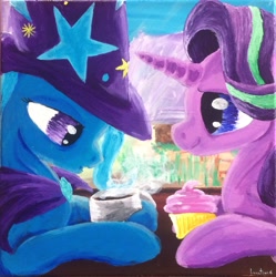 Size: 1901x1909 | Tagged: safe, artist:colorsceempainting, imported from derpibooru, starlight glimmer, trixie, pony, unicorn, acrylic painting, canvas, cape, clothes, coffee, cup, cupcake, drink, duo, female, food, hat, looking down, mare, painting, sitting, traditional art, trixie's cape, trixie's hat