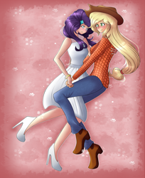 Size: 1550x1900 | Tagged: safe, artist:rmariansj, imported from derpibooru, applejack, rarity, human, blushing, clothes, cowboy hat, dress, female, hat, high heels, humanized, lesbian, pants, plaid shirt, rarijack, shipping, shoes, smiling, stetson