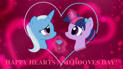 Size: 3840x2160 | Tagged: safe, artist:themexicanpunisher, imported from derpibooru, trixie, twilight sparkle, pony, unicorn, alternate hairstyle, blushing, female, flower, hair bun, heart, holiday, lesbian, looking at each other, mare, shipping, smiling, twixie, valentine's day