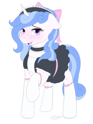 Size: 1024x1365 | Tagged: safe, artist:novaintellus, imported from derpibooru, oc, oc only, oc:melodia, pony, unicorn, blushing, clothes, cute, female, floppy ears, looking at you, maid, mare, ocbetes, raised hoof, simple background, smiling, socks, solo, stockings, thigh highs