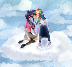 Size: 3000x2800 | Tagged: safe, artist:rmariansj, imported from derpibooru, rainbow dash, sci-twi, twilight sparkle, human, blushing, clothes, cloud, female, glasses, humanized, imminent kissing, lesbian, scitwidash, shipping, sitting, twidash