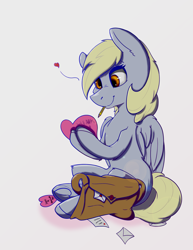 Size: 2975x3850 | Tagged: safe, artist:lula-moonarts, imported from derpibooru, derpy hooves, pegasus, pony, female, holiday, mail, mailbag, mailmare, mare, mouth hold, pencil, simple background, smiling, solo, valentine's day, white background, writing