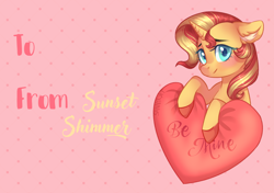 Size: 2894x2039 | Tagged: safe, artist:sannykat, imported from derpibooru, sunset shimmer, pony, unicorn, cute, female, heart, holiday, looking at you, mare, shimmerbetes, smiling, valentine's day, valentine's day card