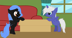 Size: 750x393 | Tagged: safe, artist:sky gamer, imported from derpibooru, oc, oc only, oc:davi sinfalair, oc:tira moon, alicorn, pegasus, pony, blank flank, box, chair, colt, female, filly, foal, male, window