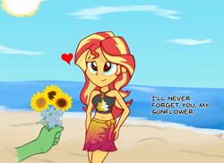 Size: 1650x1203 | Tagged: safe, artist:zharkaer, imported from derpibooru, sunset shimmer, oc, oc:anon, human, equestria girls, equestria girls series, forgotten friendship, beach, belly button, blushing, bouquet, clothes, cute, dialogue, disembodied hand, female, floating heart, flower, forget-me-not, forget-me-not (flower), geode of empathy, hand, hand on hip, heart, holiday, lidded eyes, magical geodes, male, midriff, offscreen character, pov, sarong, shimmerbetes, sunflower, swimsuit, valentine's day