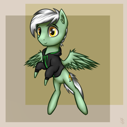 Size: 1000x1000 | Tagged: safe, artist:6editor9, imported from derpibooru, oc, oc only, oc:energytone, pegasus, pony, abstract background, chibi, clothes, flying, hoodie, male, solo, stallion