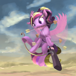 Size: 878x878 | Tagged: safe, artist:bakuel, imported from derpibooru, princess cadance, alicorn, pony, arrow, bow (weapon), bow and arrow, cupid, cupidance, female, flying, heart arrow, horn, mare, princess, princess of shipping, quiver, solo, weapon, wings