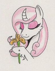 Size: 444x570 | Tagged: safe, artist:kuroneko, derpibooru exclusive, imported from derpibooru, fleur-de-lis, classical unicorn, pony, unicorn, bust, cheek fluff, cloven hooves, colored pencil drawing, curved horn, eyes closed, female, flower, iris (flower), mare, portrait, simple background, solo, traditional art, unshorn fetlocks, white background