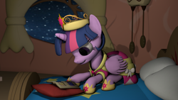 Size: 1920x1080 | Tagged: safe, artist:dazzion, artist:oc1024, imported from derpibooru, twilight sparkle, alicorn, pony, 3d, bed, big crown thingy, book, clothes, coronation dress, crown, dress, female, golden oaks library, jewelry, regalia, shoes, solo, source filmmaker, source flimmaker, twilight sparkle (alicorn)