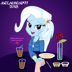 Size: 3997x3997 | Tagged: safe, artist:metalhead97, imported from derpibooru, trixie, equestria girls, beautiful, crackers, cute, diatrixes, dinner, dinner table, flower, food, heart, holding hands, holiday, jelly, juice, knife, looking at you, male, male pov, musician, offscreen character, orange juice, peanut butter, pov, romance, romantic, rose, self insert, snacks, talking to viewer, this will end well, valentine's day, waifu