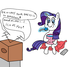 Size: 700x650 | Tagged: safe, artist:amateur-draw, imported from derpibooru, rarity, pony, unicorn, 1000 hours in ms paint, comfort eating, crying, depression, eating, female, food, forever alone, holiday, ice cream, m'lady, makeup, mare, mascarity, meme, ms paint, pillow, remote, running makeup, sitting, solo, spoon, television, text, valentine's day