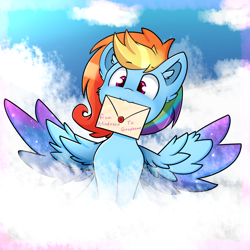 Size: 1600x1600 | Tagged: safe, artist:madacon, imported from derpibooru, rainbow dash, pegasus, pony, cloud, cute, dashabetes, ear fluff, female, letter, mare, mouth hold, on a cloud, sitting, sitting on a cloud, sitting on cloud, sky, solo, spread wings, wings