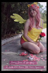 Size: 3456x5184 | Tagged: safe, artist:krazykari, imported from derpibooru, fluttershy, human, clothes, cosplay, costume, flower, high res, irl, irl human, photo, pony ears, shirt, shorts, solo