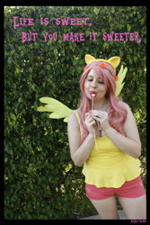 Size: 3456x5184 | Tagged: safe, artist:krazykari, imported from derpibooru, fluttershy, human, clothes, cosplay, costume, high res, irl, irl human, photo, pony ears, shirt, shorts, solo