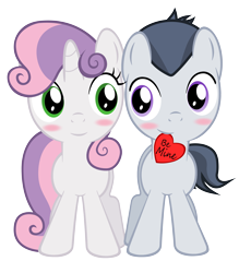 Size: 4815x5500 | Tagged: safe, artist:lunaticdawn, imported from derpibooru, rumble, sweetie belle, pony, unicorn, absurd resolution, blushing, colt, female, filly, foal, heart, male, rumbelle, shipping, simple background, straight, transparent background