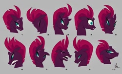 Size: 1080x656 | Tagged: safe, imported from derpibooru, tempest shadow, pony, unicorn, my little pony: the movie, angry, broken horn, bust, concept art, expressions, eye scar, eyes closed, female, mare, open mouth, portrait, scar, simple background, solo