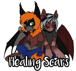 Size: 1461x1371 | Tagged: safe, artist:azraelartz, artist:theecchiqueen, imported from derpibooru, oc, oc only, oc:claudis, oc:midnight rush, anthro, unguligrade anthro, anthro oc, chibi, clothes, couple, fangs, gay, male, oc x oc, one eye closed, pants, shipping, shirt, simple background, sitting, smiling, stallion, transparent background