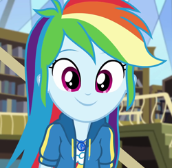 Size: 1100x1080 | Tagged: safe, imported from derpibooru, screencap, rainbow dash, equestria girls, equestria girls series, fluttershy's butterflies, beautiful, best pony, cute, cuteness overload, daaaaaaaaaaaw, dashabetes, female, fluttershy's butterflies: dj pon-3, geode of super speed, happy, hnnng, library, looking at you, magical geodes, smiling, solo, weapons-grade cute