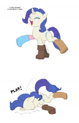 Size: 1080x1680 | Tagged: safe, artist:carnifex, imported from derpibooru, rarity, oc, oc only, oc:rare, pony, unicorn, bootleg, boots, curved horn, cute, eyes closed, faceplant, fanfic, fanfic art, female, happy, literal, mare, open mouth, prone, pun, shoes, silly, silly pony, simple background, smiling, solo, visual pun, white background