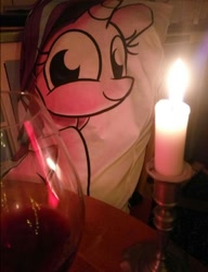 Size: 496x645 | Tagged: safe, imported from derpibooru, starlight glimmer, pony, unicorn, alcohol, body pillow, candle, holiday, irl, otaku date, otaku dinner, photo, solo, valentine's day, wine