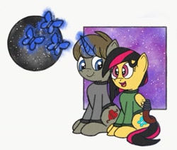 Size: 1023x869 | Tagged: safe, artist:darkknighthoof, imported from derpibooru, oc, oc:darkknighthoof, oc:juniper, butterfly, clothes, cute, junihoof, night, night sky, shipping, simple background, sky, stars, sweater, white background
