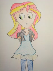 Size: 3120x4160 | Tagged: safe, artist:sumi-mlp25, imported from derpibooru, sunset shimmer, human, equestria girls, arm behind back, colored pencil drawing, female, looking sideways, simple background, smiling, solo, traditional art, white background
